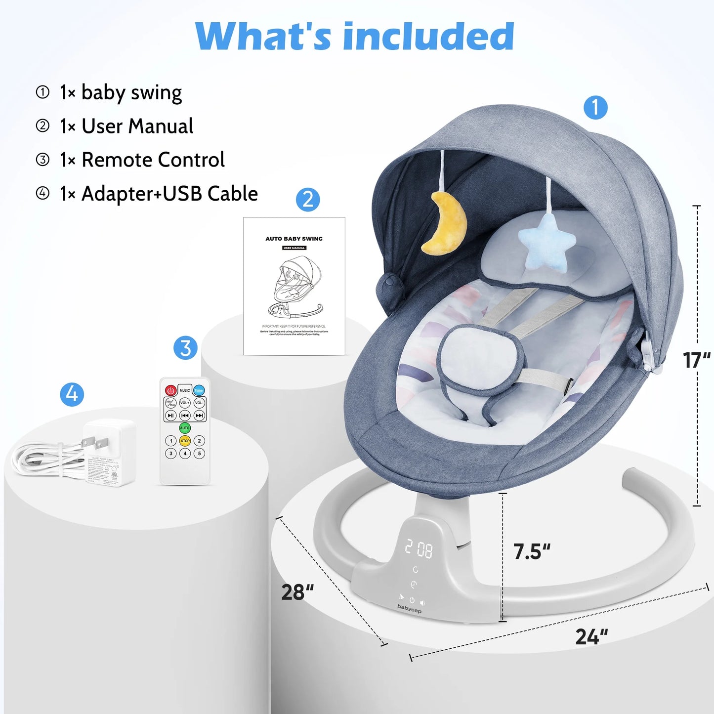 Baby Swing for Infants - APP Remote Bluetooth Control, 5 Speed Settings, 10 Lullabies, USB Plug (Blue)