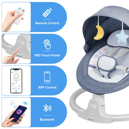Baby Swing for Infants - APP Remote Bluetooth Control, 5 Speed Settings, 10 Lullabies, USB Plug (Blue)