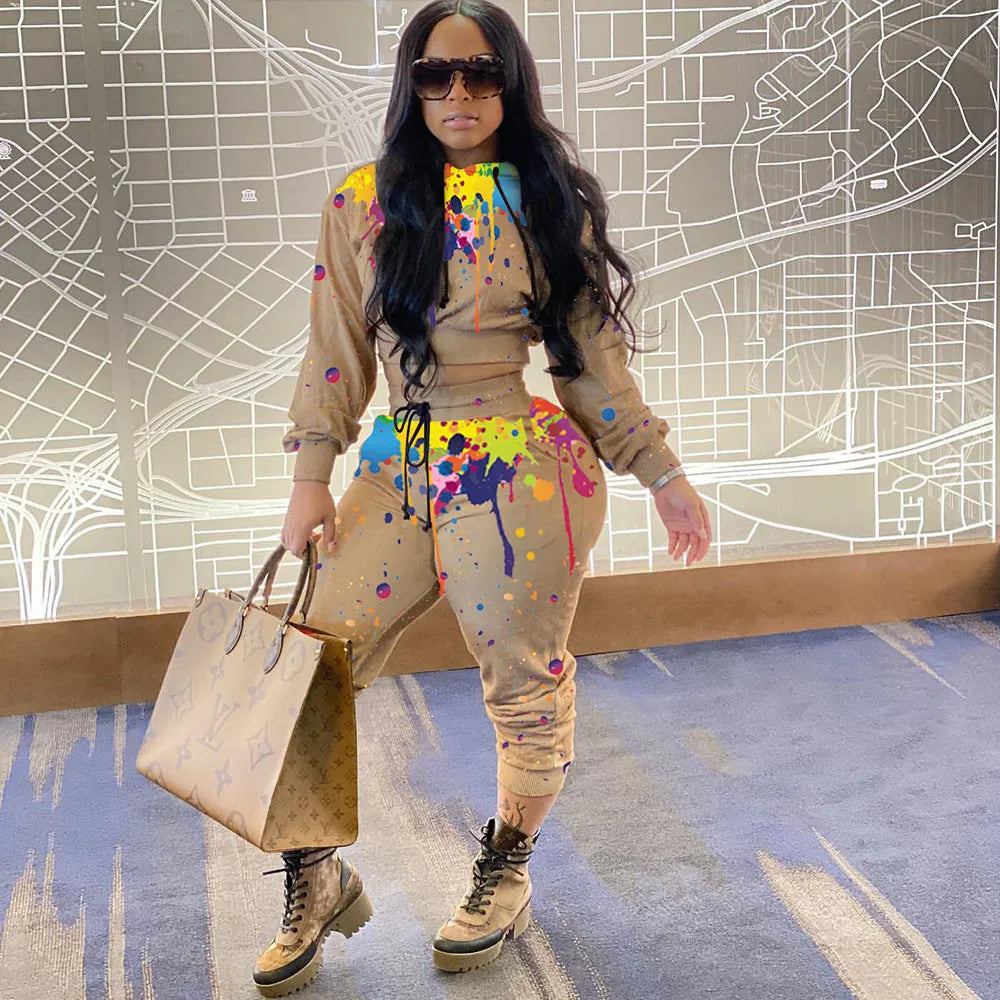 Splash-Ink Print Sweat Suits Women Set Hoodies Sweatshirt and Sweatpants Set Two Piece Set Tracksuit Female Matching Set Outfits