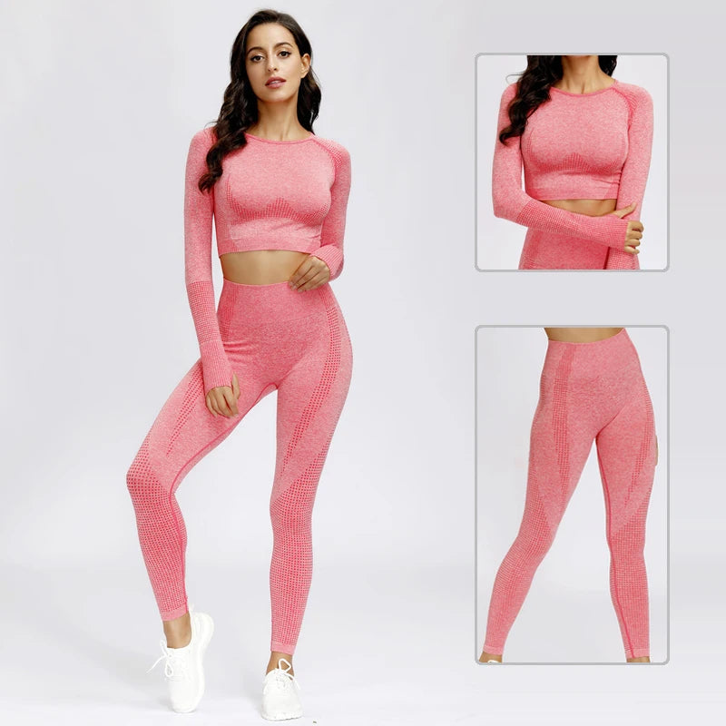 Seamless Yoga Suit 2/3/5 Pcs Sports Shirts Crop Top Seamless Leggings Sport Set Gym Clothes Fitness Tracksuit Workout Set Femme