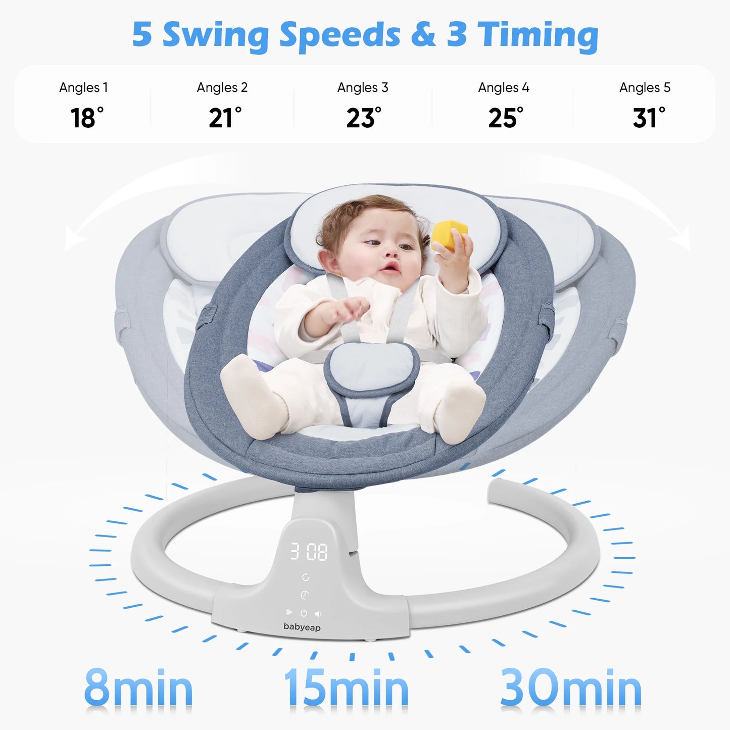 Baby Swing for Infants - APP Remote Bluetooth Control, 5 Speed Settings, 10 Lullabies, USB Plug (Blue)