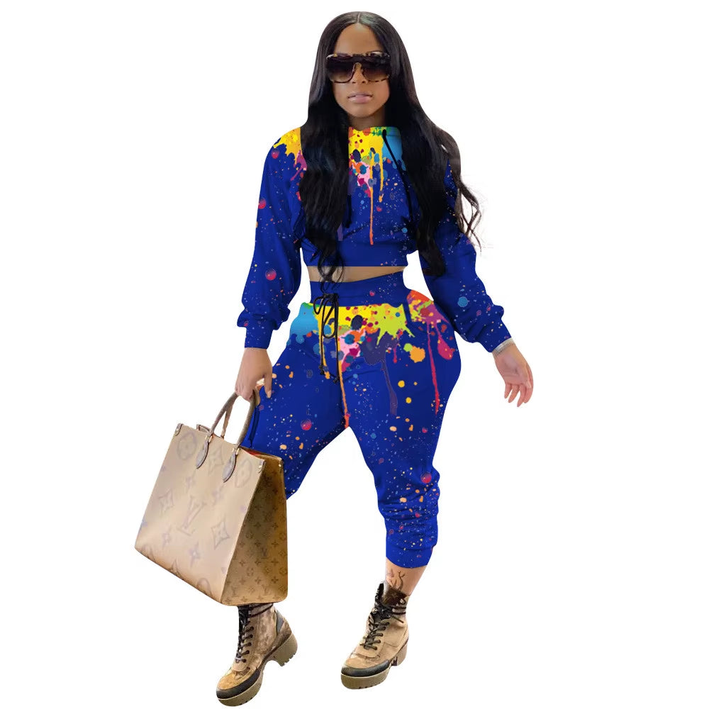Splash-Ink Print Sweat Suits Women Set Hoodies Sweatshirt and Sweatpants Set Two Piece Set Tracksuit Female Matching Set Outfits