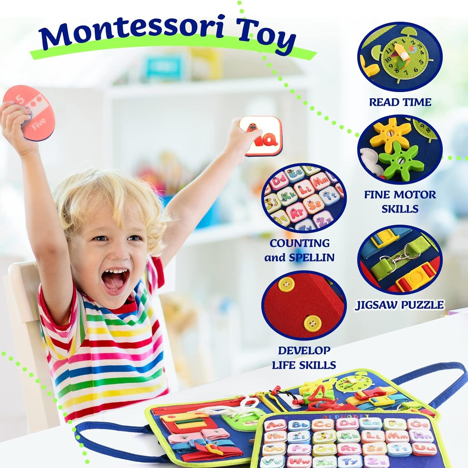 Tenfans Montessori Busy Board | 3-5 Year Old Toddler Learning Toy | Fine Motor Skills Development | Montessori Sensory Playset | Early Childhood Education Tool | Portable Travel Preschool Activity Kit