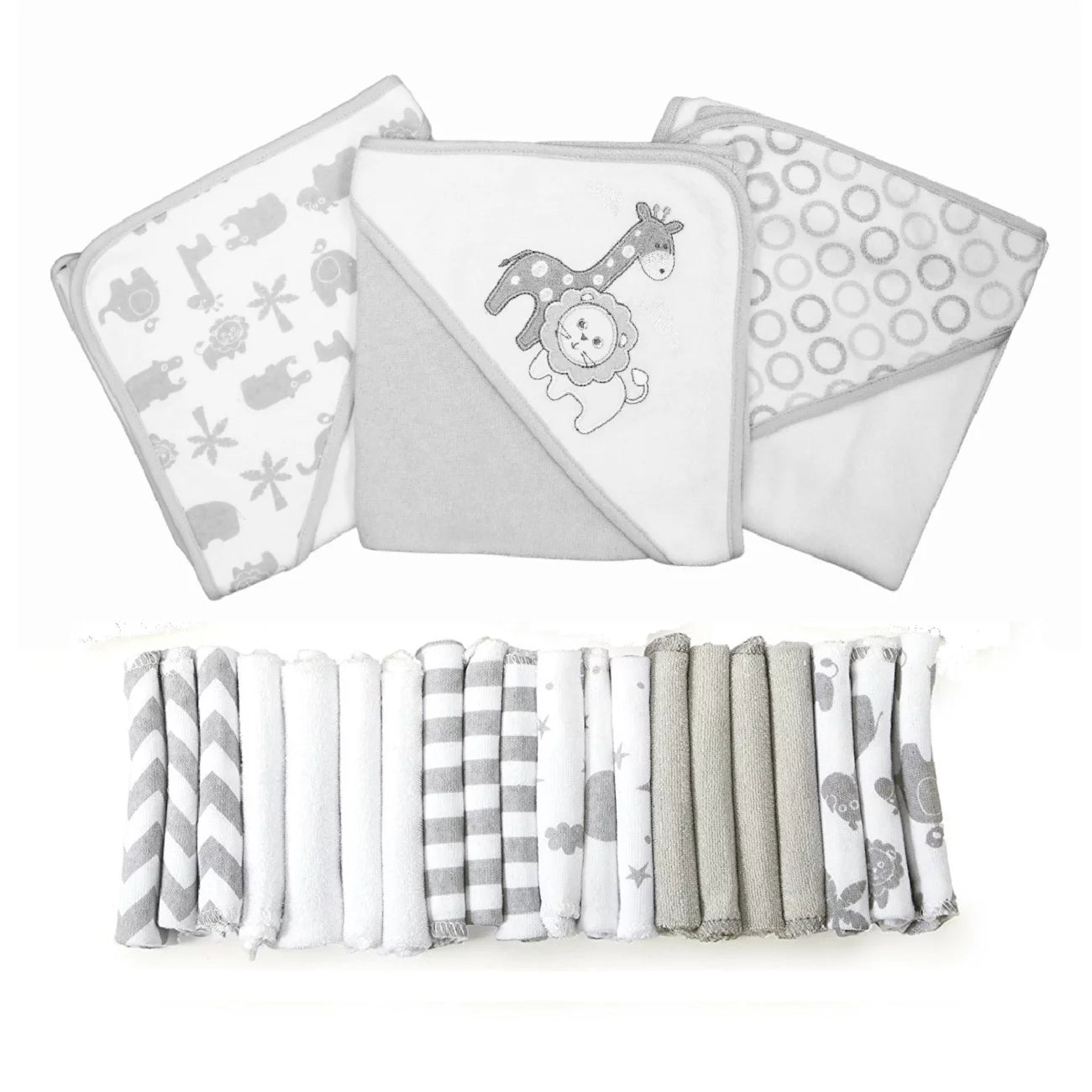 Bath Hooded Towels & Washcloths Set for Babies, 23-Piece Gift Set, Gray Lion