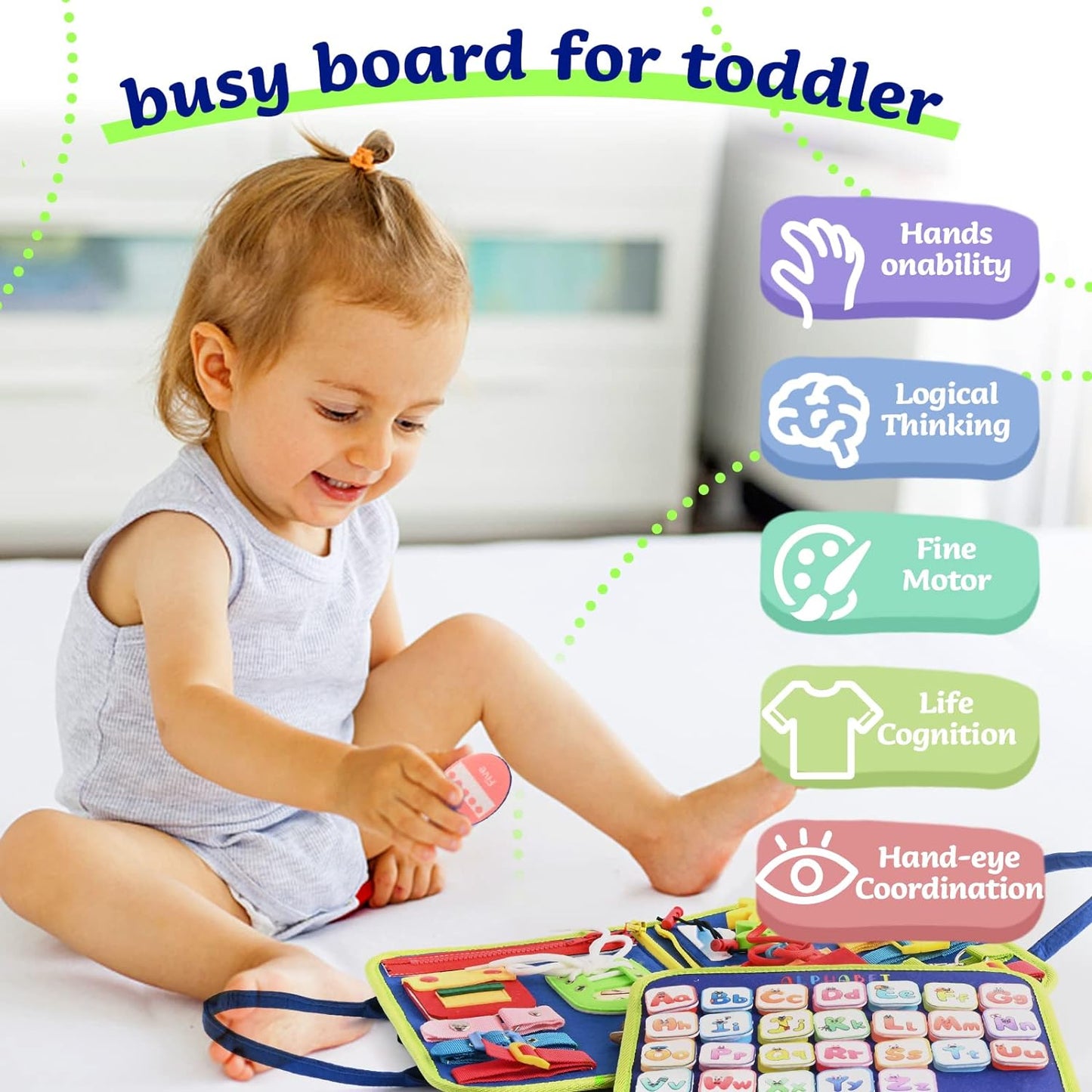 Tenfans Montessori Busy Board | 3-5 Year Old Toddler Learning Toy | Fine Motor Skills Development | Montessori Sensory Playset | Early Childhood Education Tool | Portable Travel Preschool Activity Kit