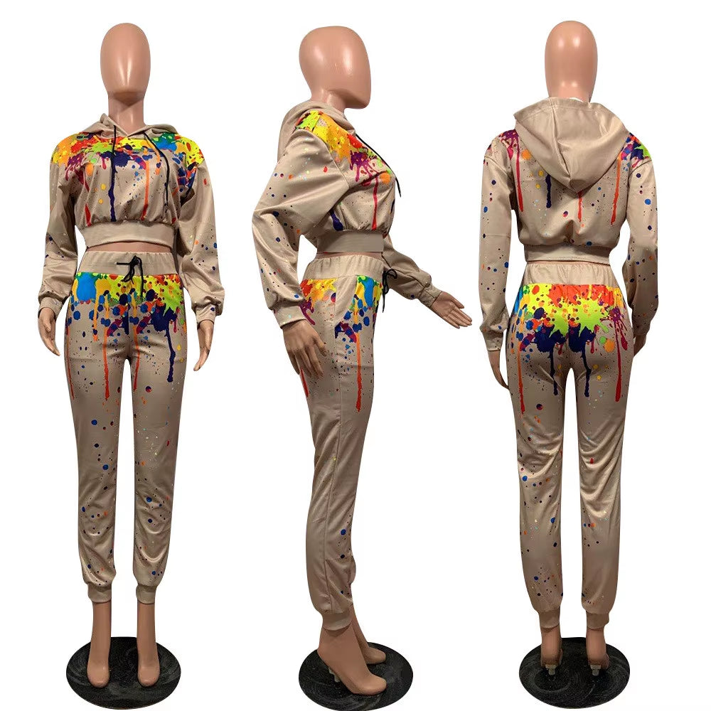 Splash-Ink Print Sweat Suits Women Set Hoodies Sweatshirt and Sweatpants Set Two Piece Set Tracksuit Female Matching Set Outfits