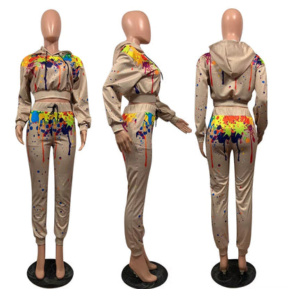 Splash-Ink Print Sweat Suits Women Set Hoodies Sweatshirt and Sweatpants Set Two Piece Set Tracksuit Female Matching Set Outfits
