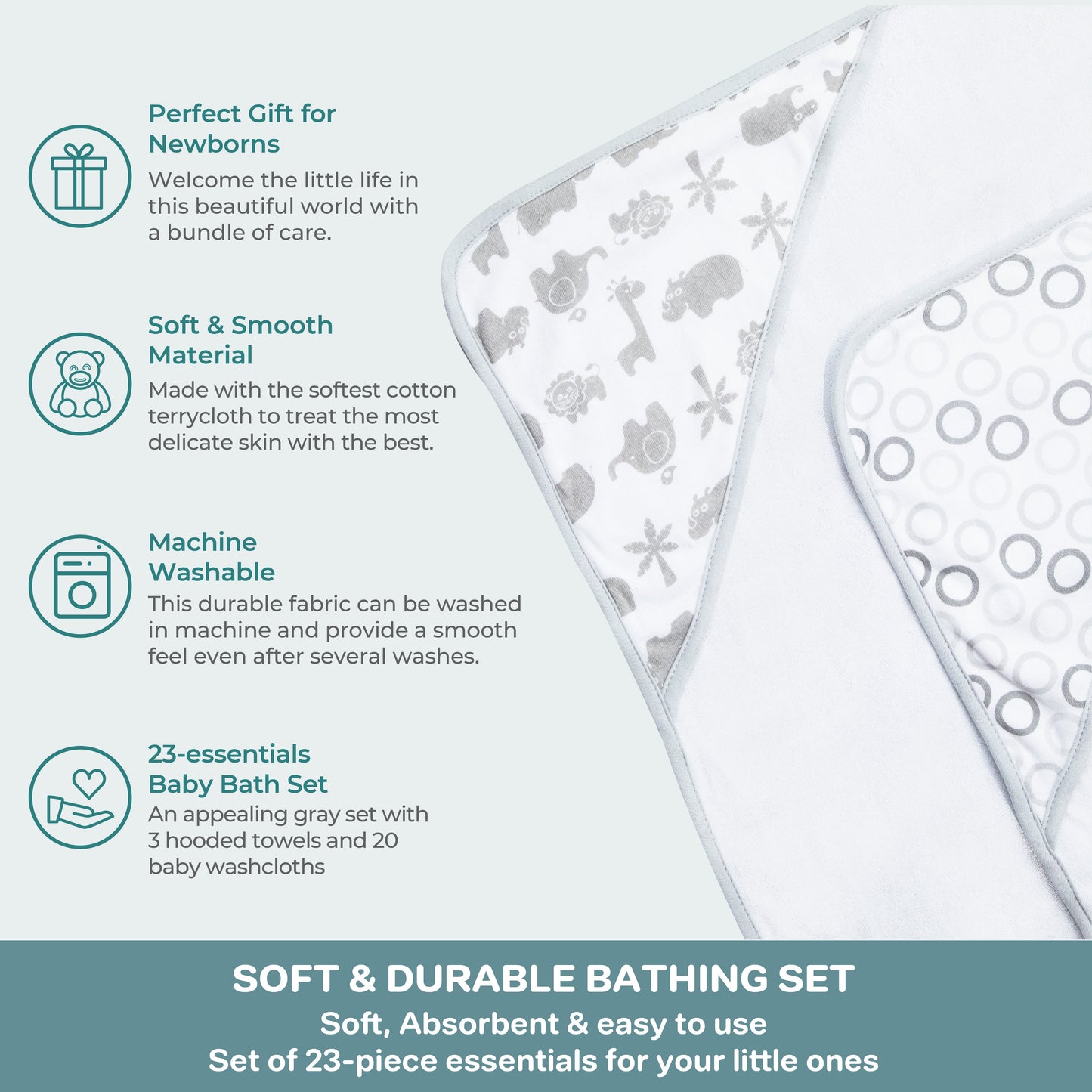 Bath Hooded Towels & Washcloths Set for Babies, 23-Piece Gift Set, Gray Lion