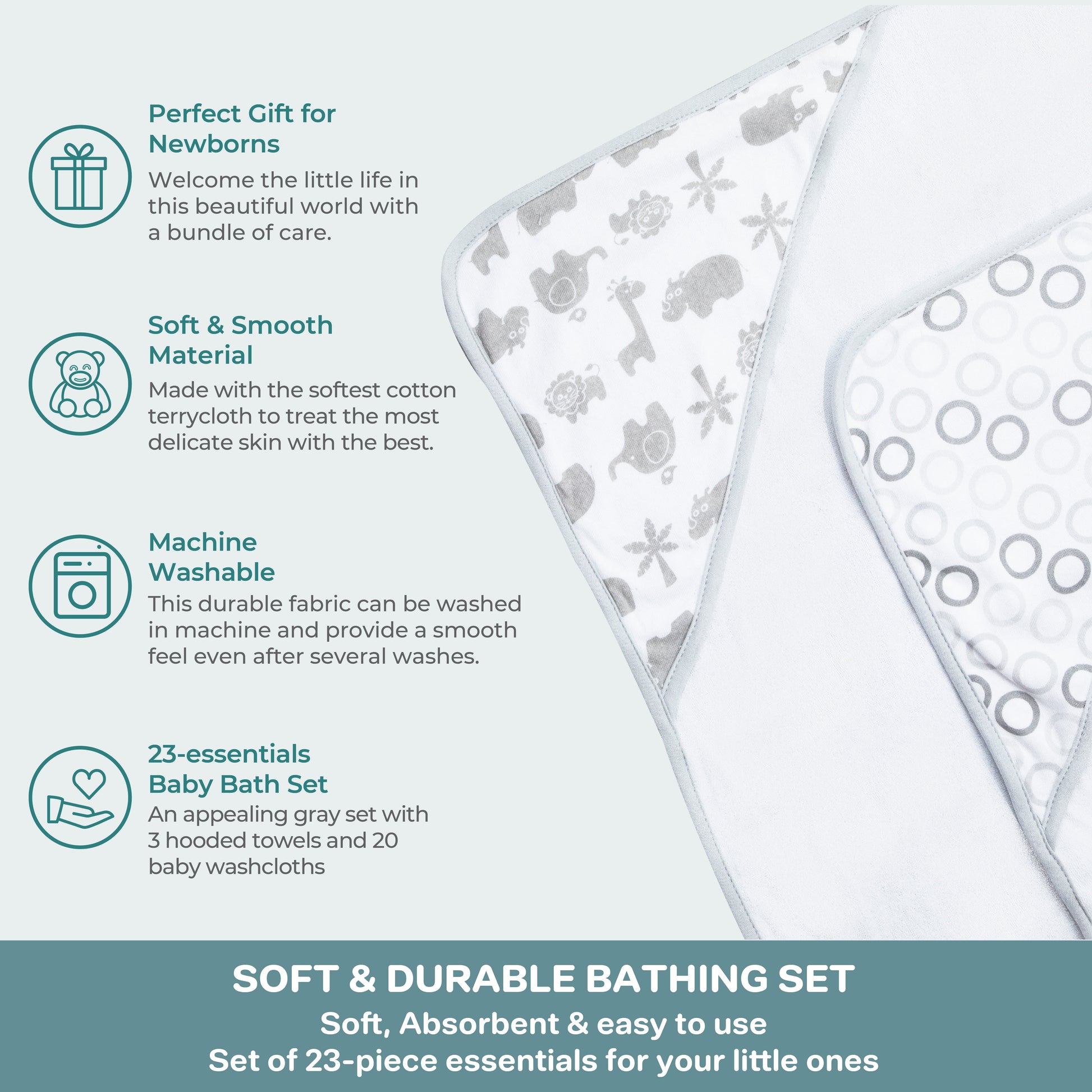 Bath Hooded Towels & Washcloths Set for Babies, 23-Piece Gift Set, Gray Lion