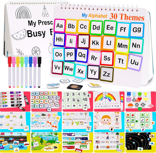 HAN-MM Busy Book for Kids, Montessori Preschool Learning Activities, 30 Themes with 8 Marker, Workbook Activity Binder for Toddlers 1-3, Autism Learning Materials and Tracing Coloring Book, Busytots