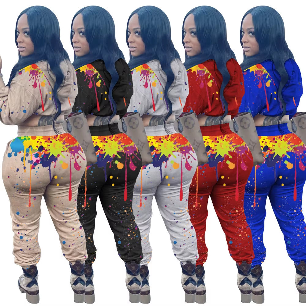 Splash-Ink Print Sweat Suits Women Set Hoodies Sweatshirt and Sweatpants Set Two Piece Set Tracksuit Female Matching Set Outfits
