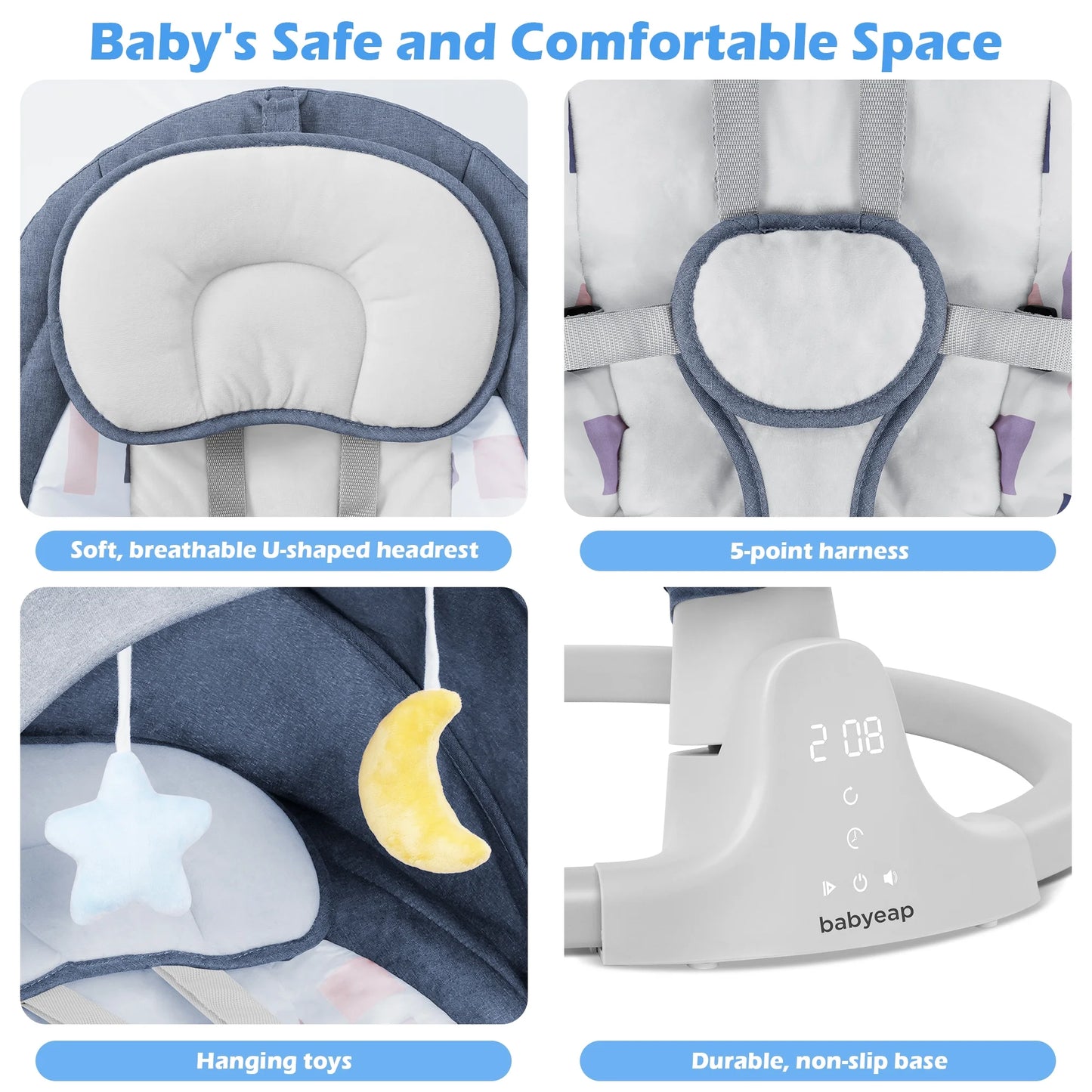 Baby Swing for Infants - APP Remote Bluetooth Control, 5 Speed Settings, 10 Lullabies, USB Plug (Blue)