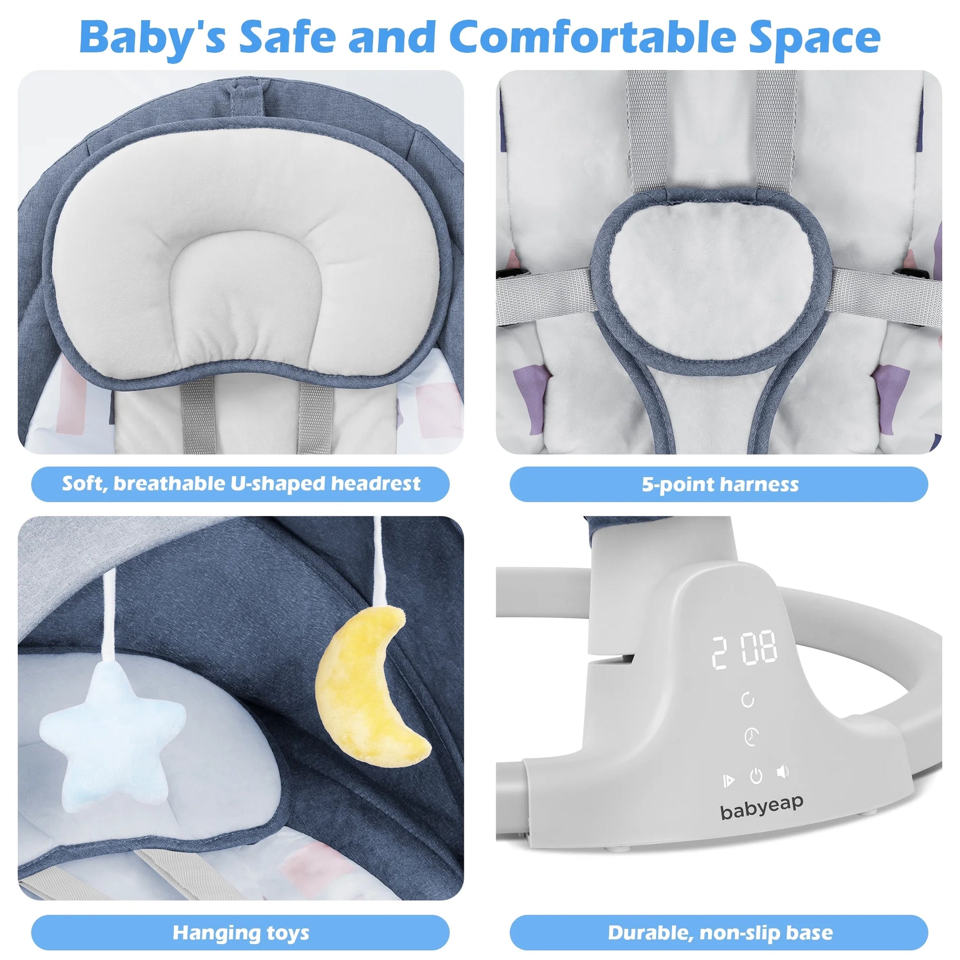 Baby Swing for Infants - APP Remote Bluetooth Control, 5 Speed Settings, 10 Lullabies, USB Plug (Blue)