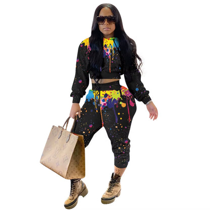 Splash-Ink Print Sweat Suits Women Set Hoodies Sweatshirt and Sweatpants Set Two Piece Set Tracksuit Female Matching Set Outfits