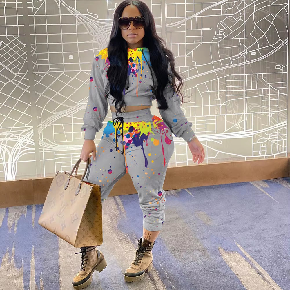 Splash-Ink Print Sweat Suits Women Set Hoodies Sweatshirt and Sweatpants Set Two Piece Set Tracksuit Female Matching Set Outfits