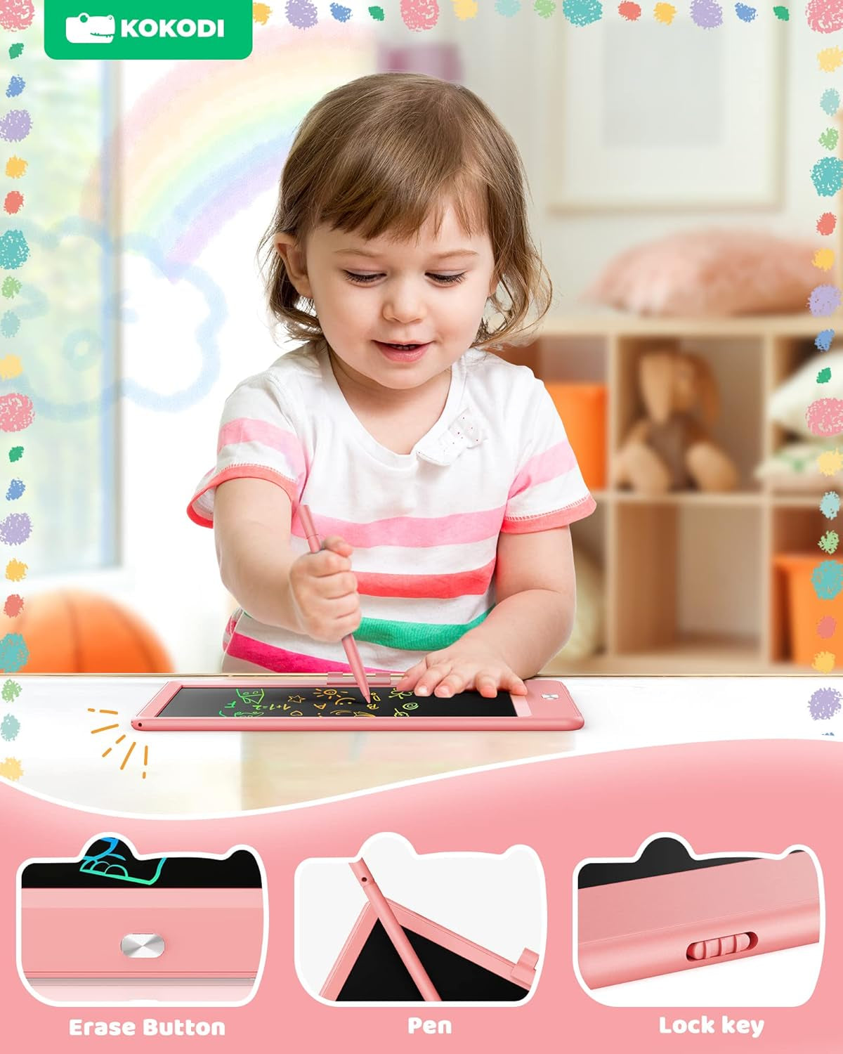KOKODI LCD Writing Tablet, 8.5 Inch Toddler Doodle Board Drawing Tablet, Erasable Reusable Electronic Drawing Pads, Educational and Learning Toy for 3-8 Years Old Boy and Girls (Pink)