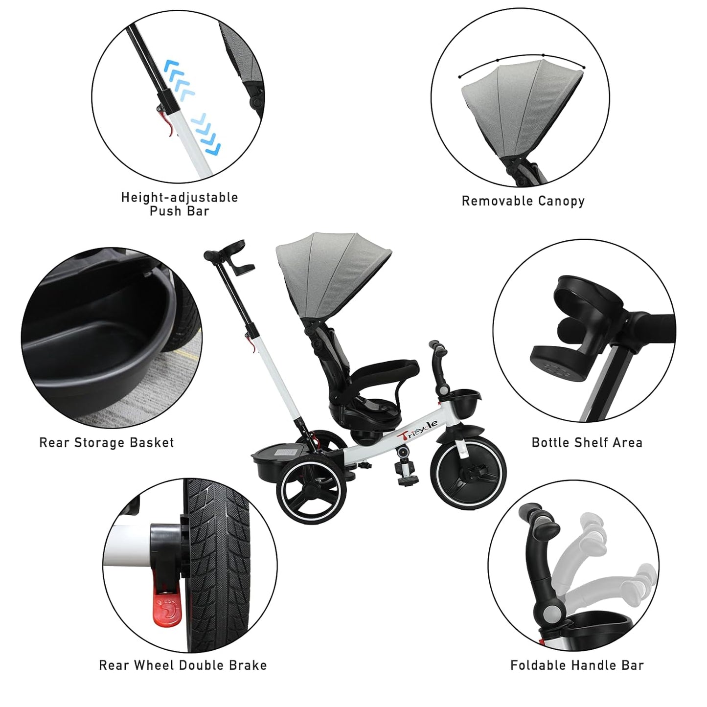 UBRAVOO Baby Tricycle,6-In-1 Baby Push Bike Steer Stroller,Learning Toddler Bike/Detachable Guardrail,Adjustable Canopy,Safety Harness,Folding Pedal,Storage Basket,Brake,Shock Absorption