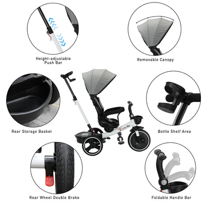 UBRAVOO Baby Tricycle,6-In-1 Baby Push Bike Steer Stroller,Learning Toddler Bike/Detachable Guardrail,Adjustable Canopy,Safety Harness,Folding Pedal,Storage Basket,Brake,Shock Absorption