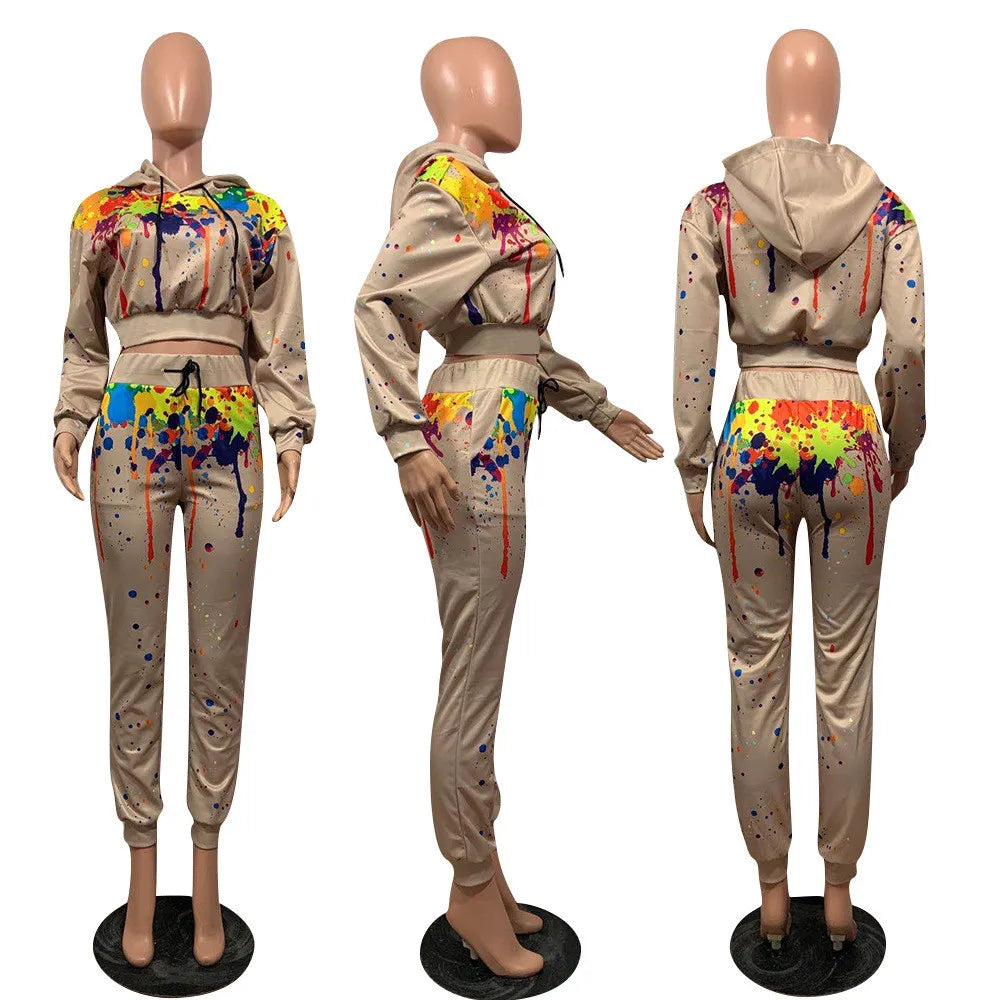 Splash-Ink Print Sweat Suits Women Set Hoodies Sweatshirt and Sweatpants Set Two Piece Set Tracksuit Female Matching Set Outfits