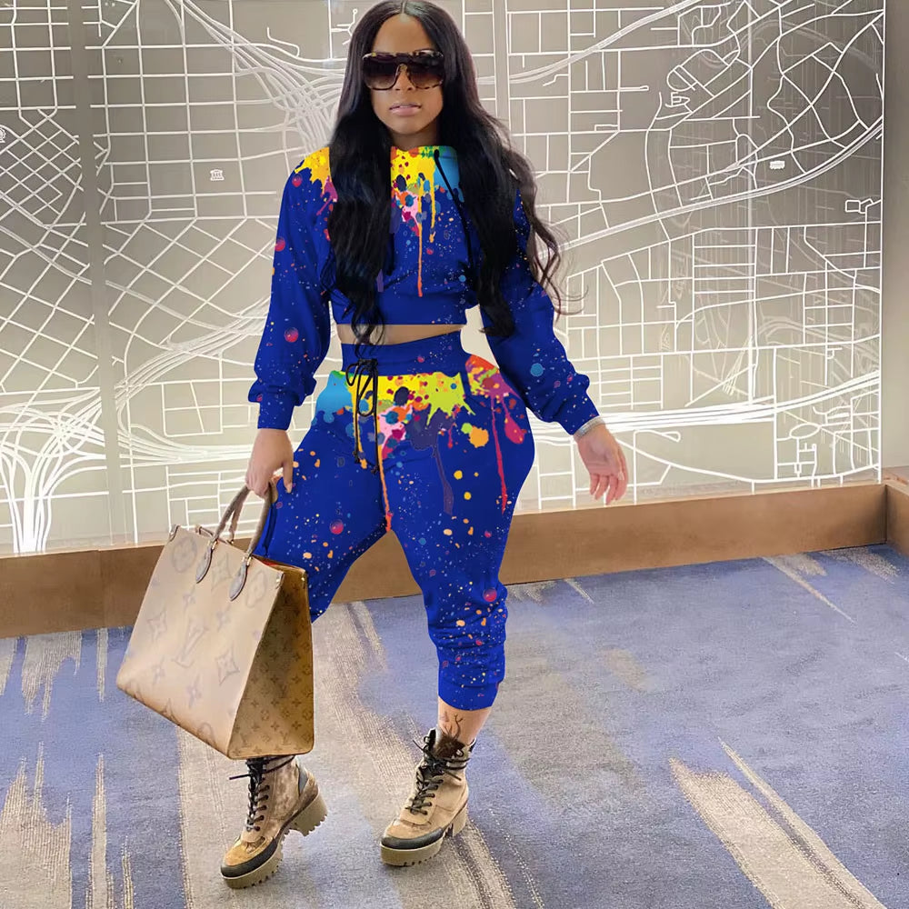 Splash-Ink Print Sweat Suits Women Set Hoodies Sweatshirt and Sweatpants Set Two Piece Set Tracksuit Female Matching Set Outfits