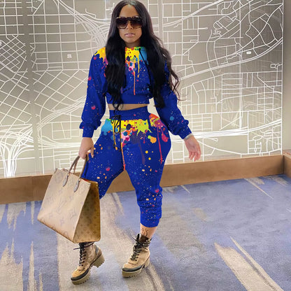 Splash-Ink Print Sweat Suits Women Set Hoodies Sweatshirt and Sweatpants Set Two Piece Set Tracksuit Female Matching Set Outfits